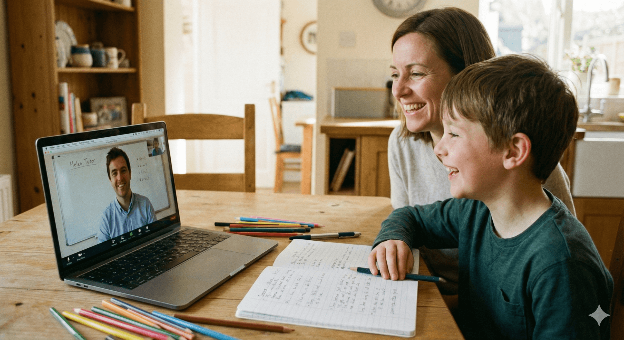 Parent et enfant du primaire en séance de tutorat en ligne primaire quebec en français et mathématiques, bilan scolaire personnalisé au Québec.