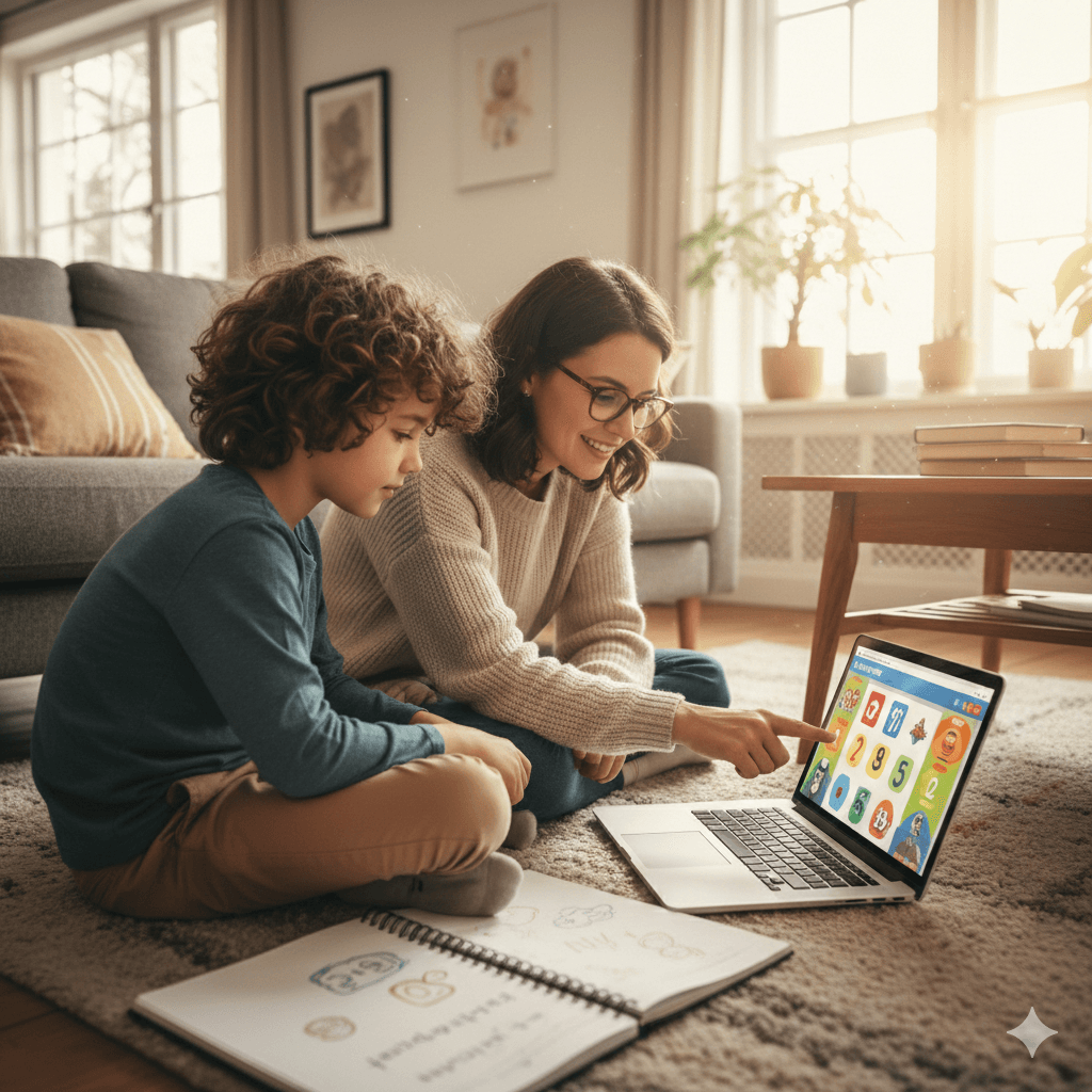Camp relâche en ligne : enfant 8 ans fait des exercices de français et maths à la maison sur ordinateur