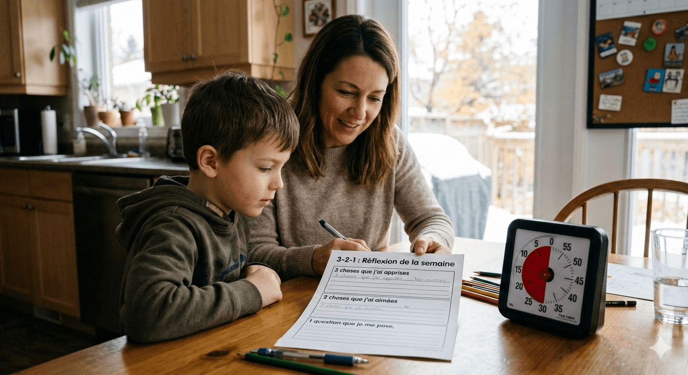 méthode de révision primaire 3-2-1 avec parent et enfant qui révisent français et maths à la maison