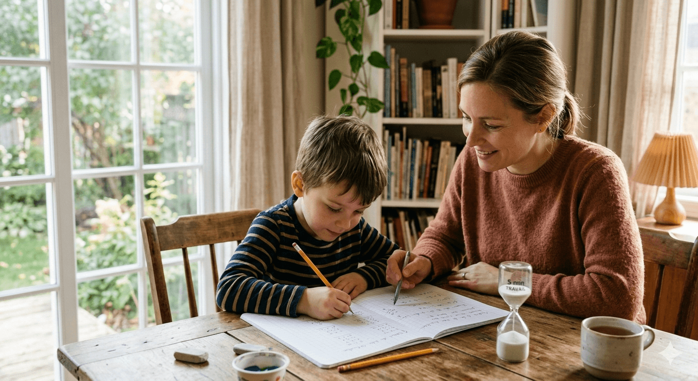 Parent accompagnant un enfant du primaire avec une routine de gestion de stress examens et révision FR/MATH à la maison