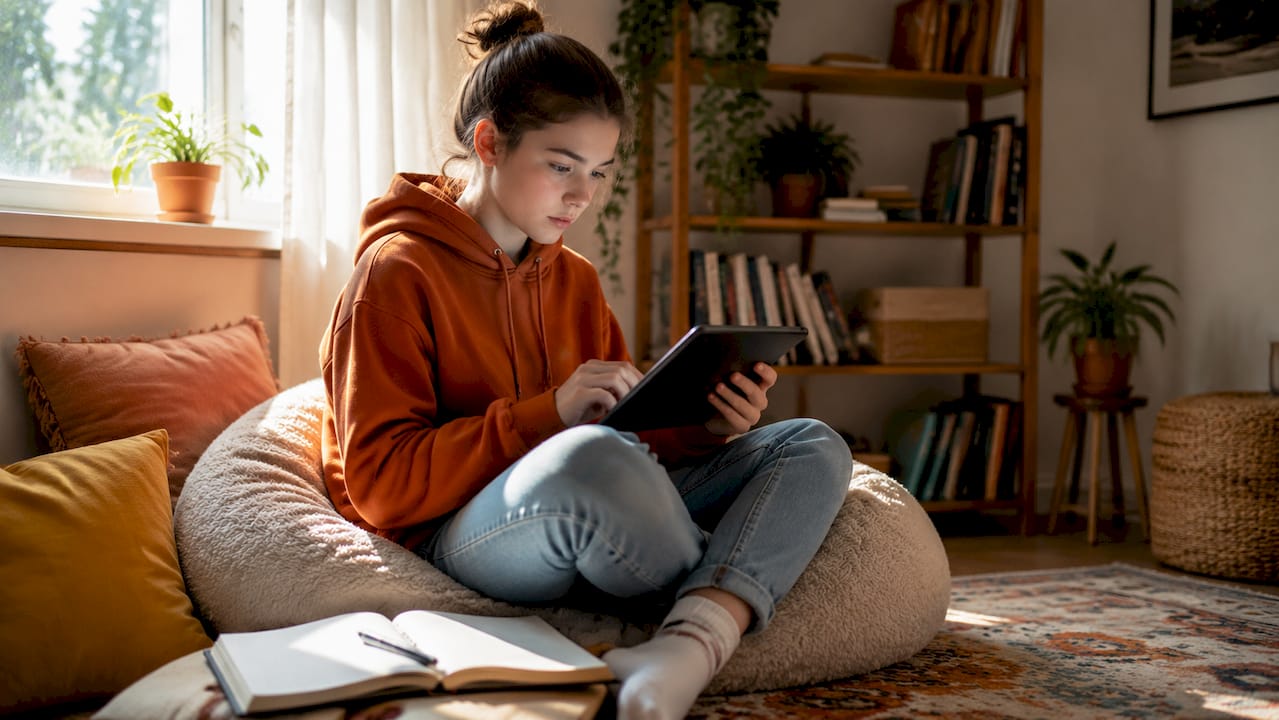 Une lycéenne qui fait appel à un service de soutien scolaire en ligne