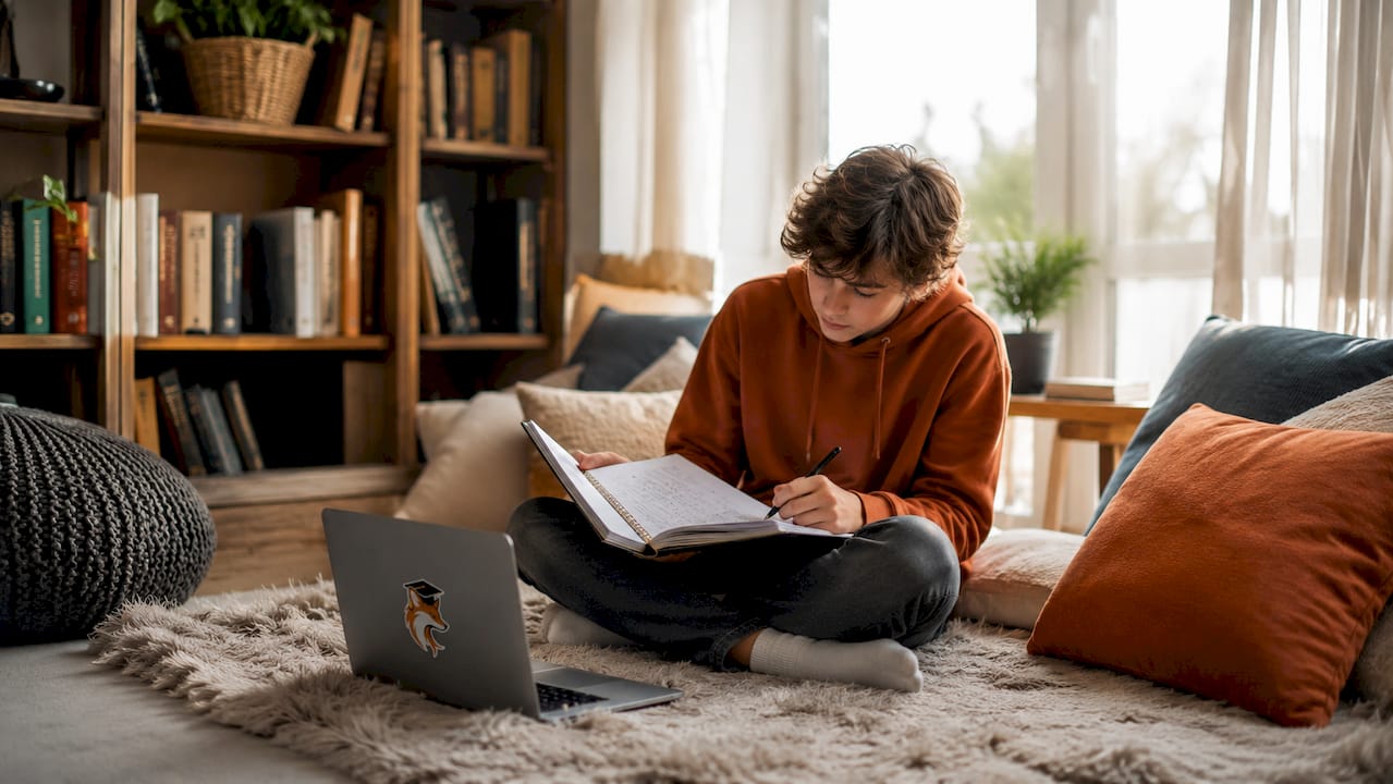 Lycéen qui suit des cours particuliers en ligne