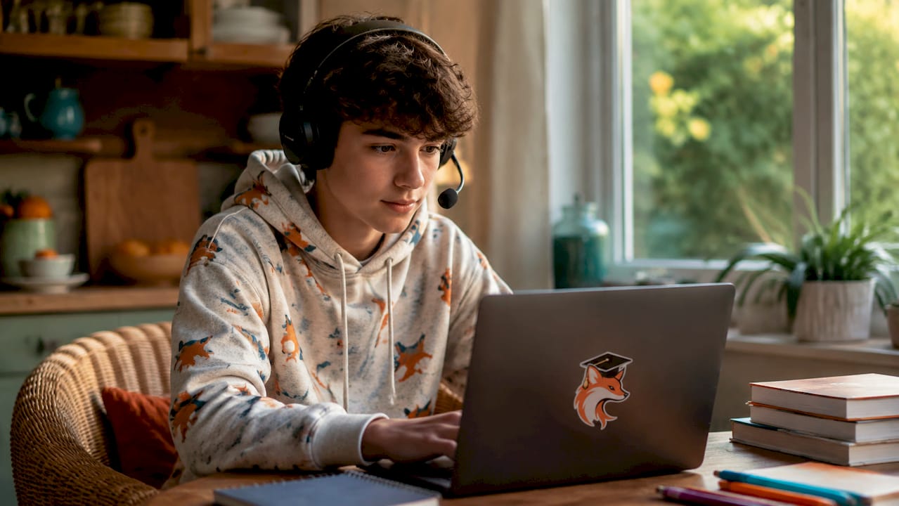 Un lycéen en train de suivre un cours individuel en ligne