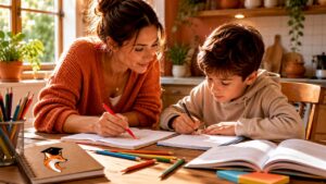 Un tuteur qui soutient un enfant pendant un contrôle à l’école