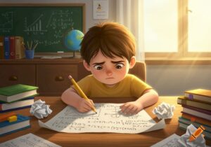 Une maman accompagne sa fille dans la préparation de ses devoirs, installées ensemble à la maison.