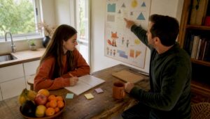 Teen girl and mother discussing math problems at home