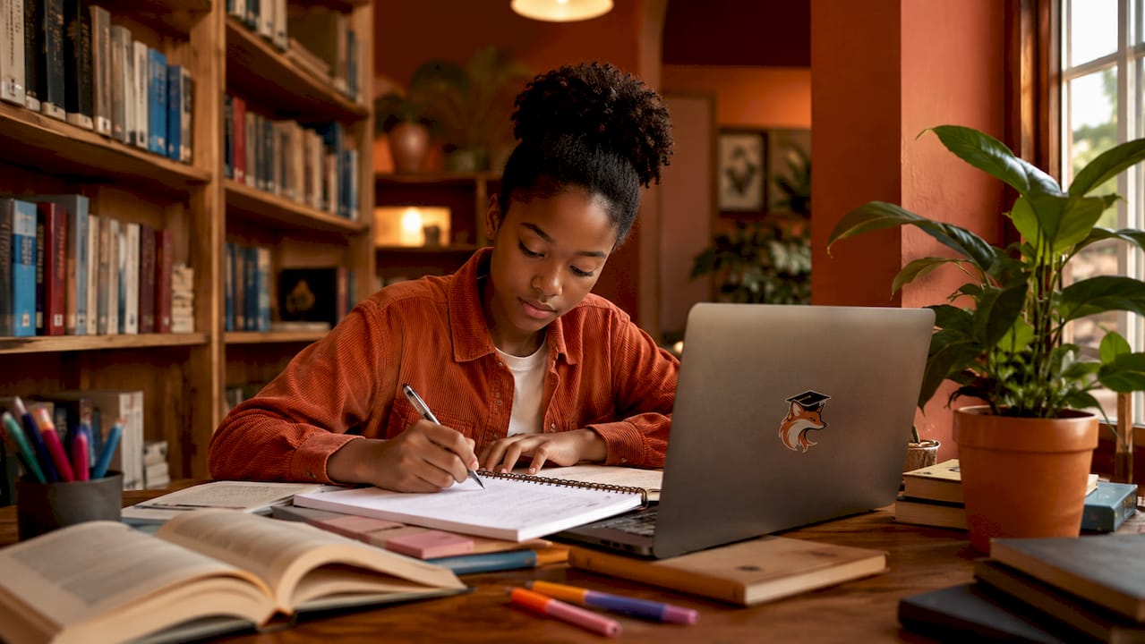 Un étudiant révise tranquillement à son bureau en vue de ses examens.