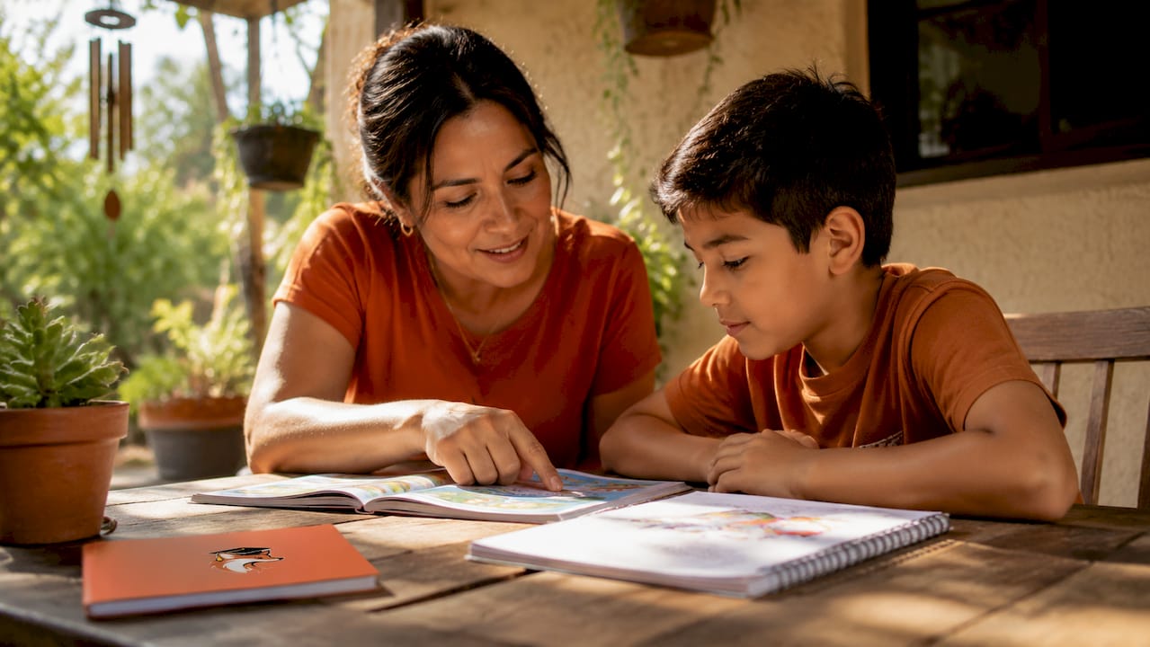 Mother helping child study summer reading