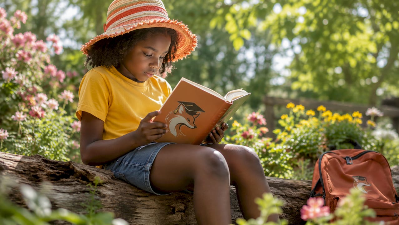 Girl reading outdoors in summer park