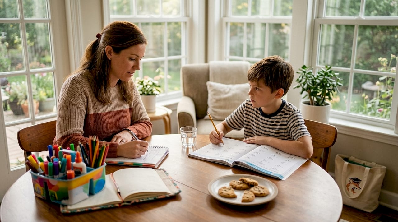 Tutor and child engaged in home schooling session at kitchen table