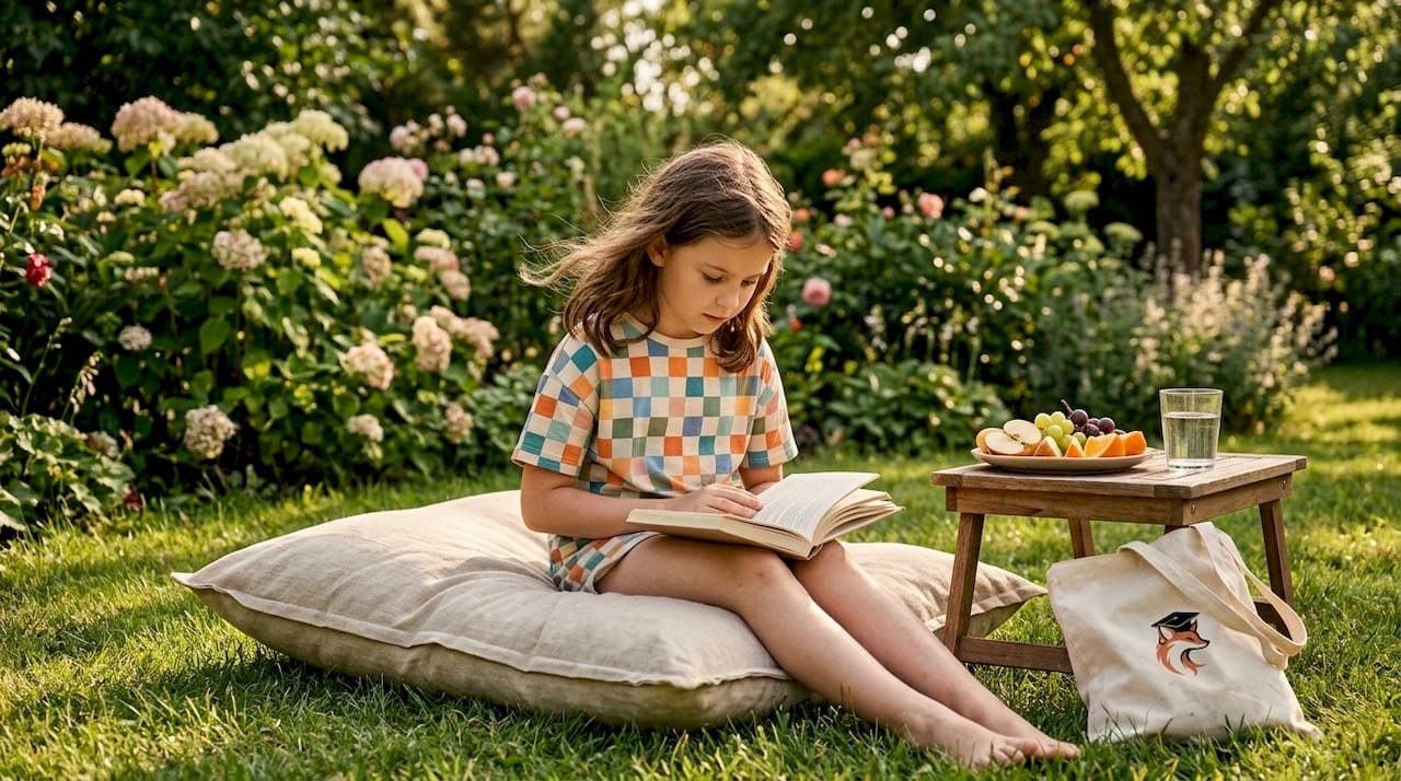 Un enfant plongé dans sa lecture, assis au cœur du silence d’une bibliothèque.