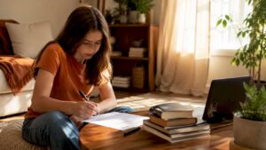 Jeune femme en pleine préparation pour un examen blanc