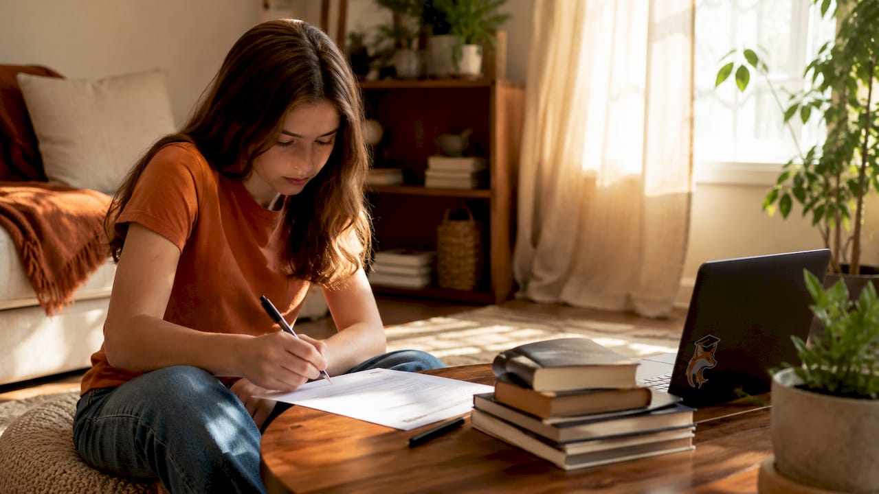 Jeune femme en pleine préparation pour un examen blanc
