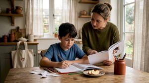 Une maman accompagne son enfant dans ses devoirs à la maison.