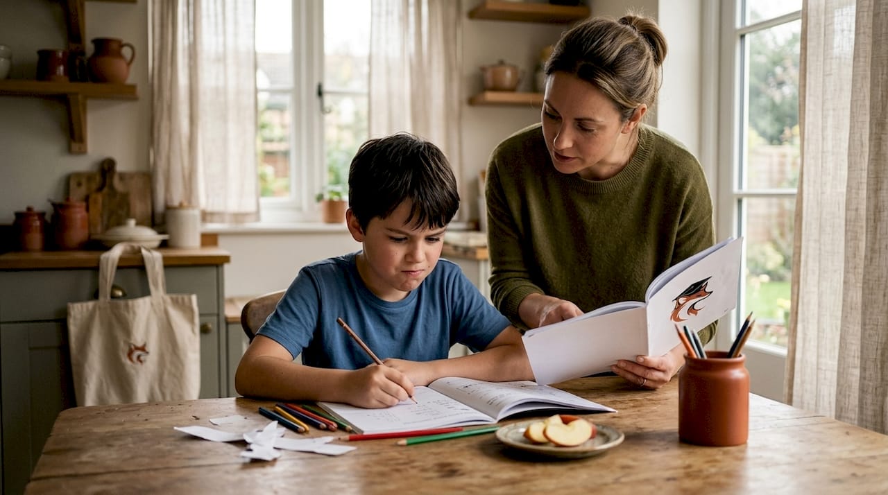 Une maman accompagne son enfant dans ses devoirs à la maison.