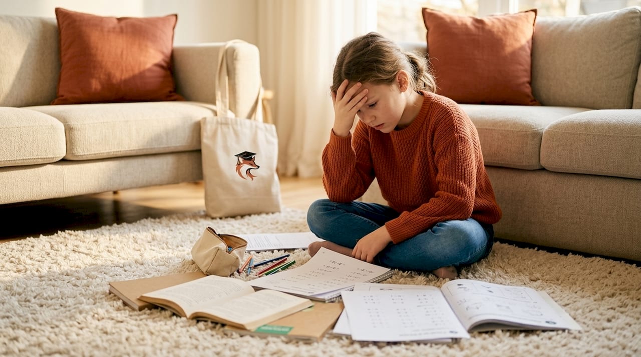 Une jeune fille, assise à son bureau, laisse éclater sa frustration devant ses devoirs scolaires.