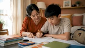 Parent helping child with math homework