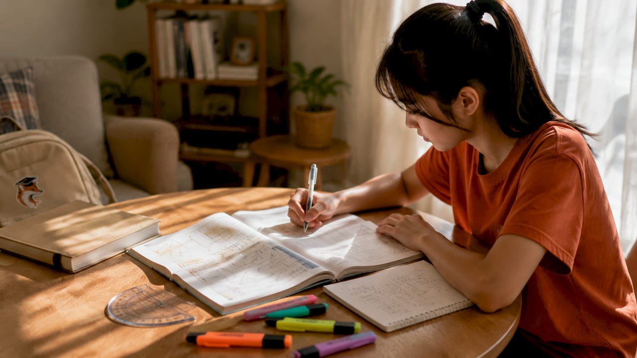 Study desk with Secondary 1 math textbooks and tools