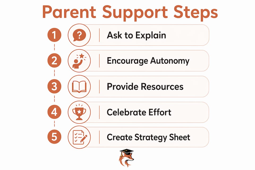Infographic illustrating steps for parent support in math