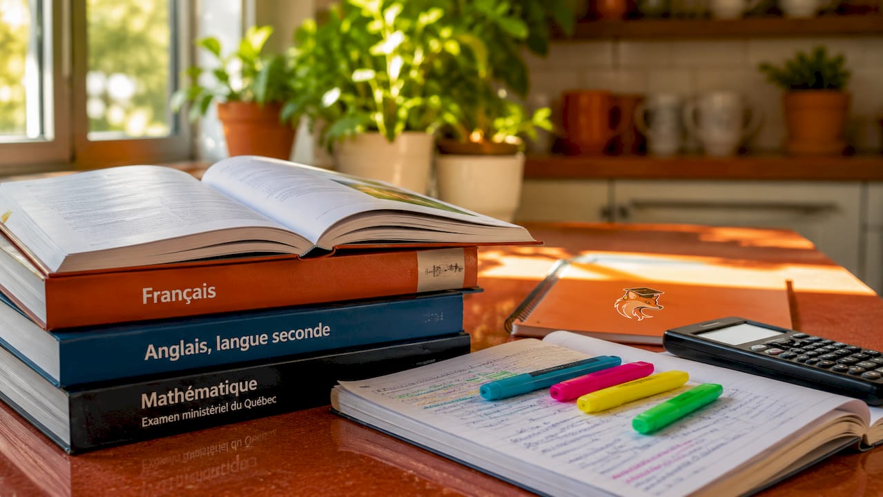 Overhead view of ministerial exam study materials on desk