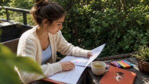 Student studying for ministerial exam at kitchen table