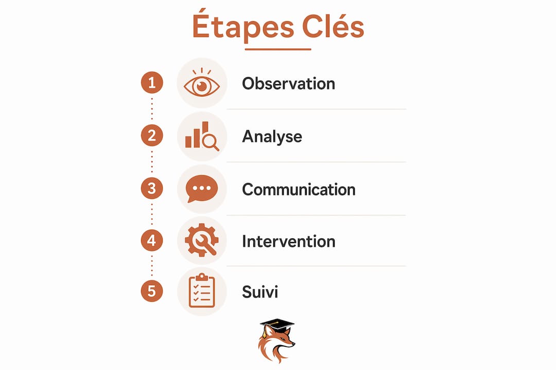 Infographie présentant les étapes essentielles pour repérer les difficultés d’apprentissage chez les élèves du primaire