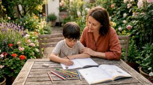 Mother helping son with schoolwork at kitchen table