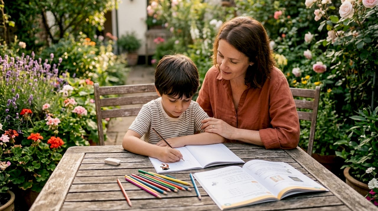 Mother helping son with schoolwork at kitchen table
