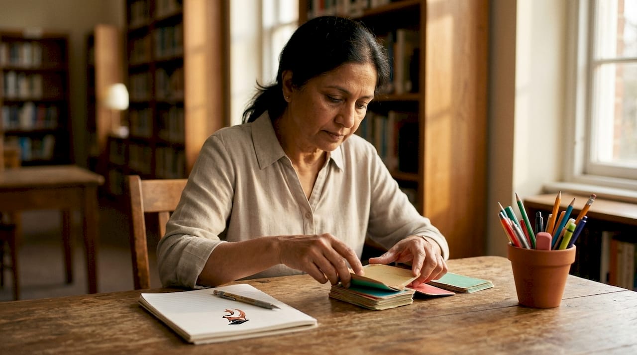 Teacher arranging educational flashcards on table