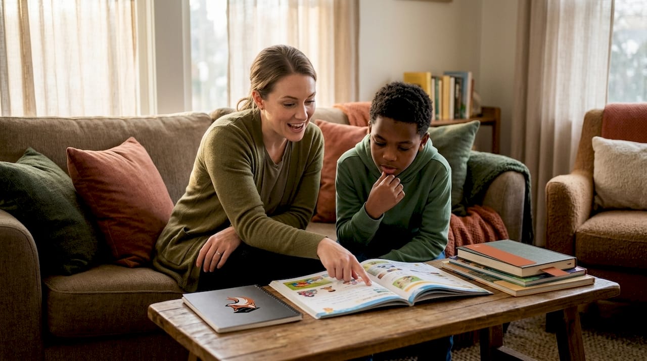 Teacher guiding struggling student with workbook