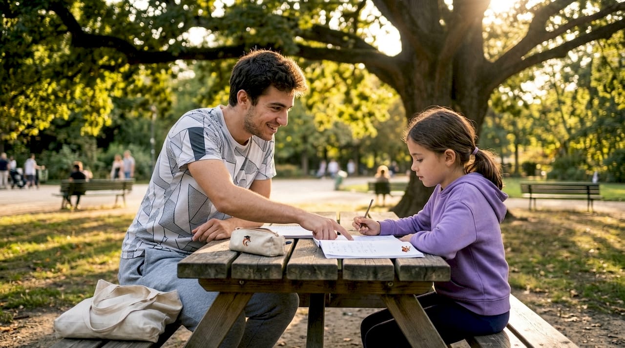 Un professeur accompagne un enfant dans ses devoirs, lui expliquant les notions difficiles et l’aidant à progresser.