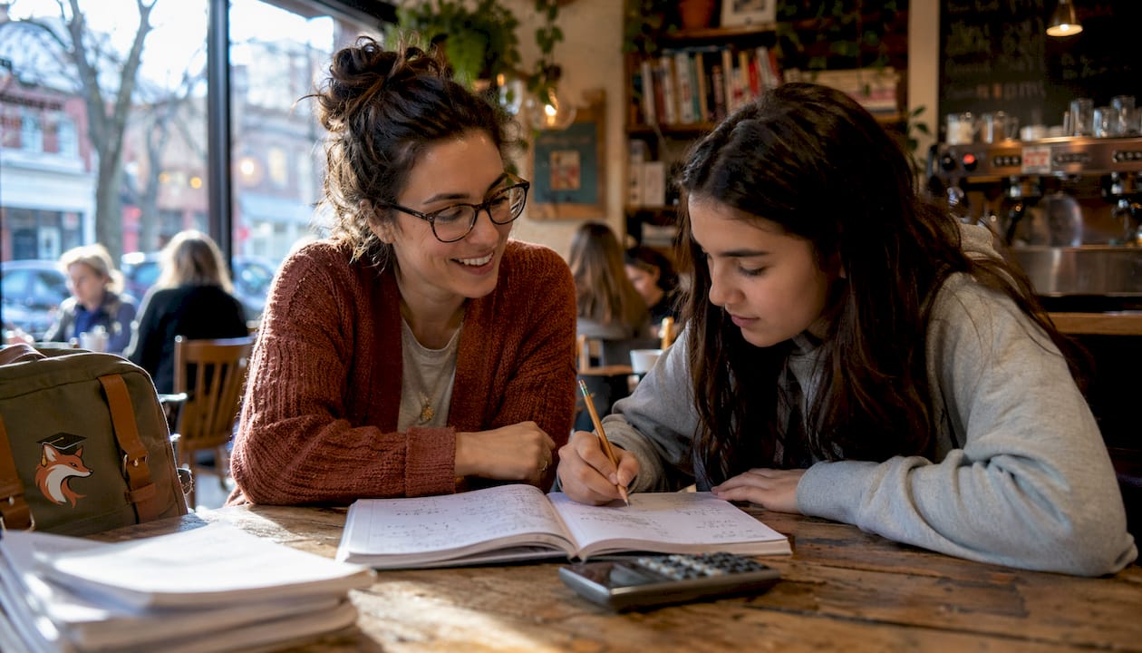 Tutor helping student with math homework at home table