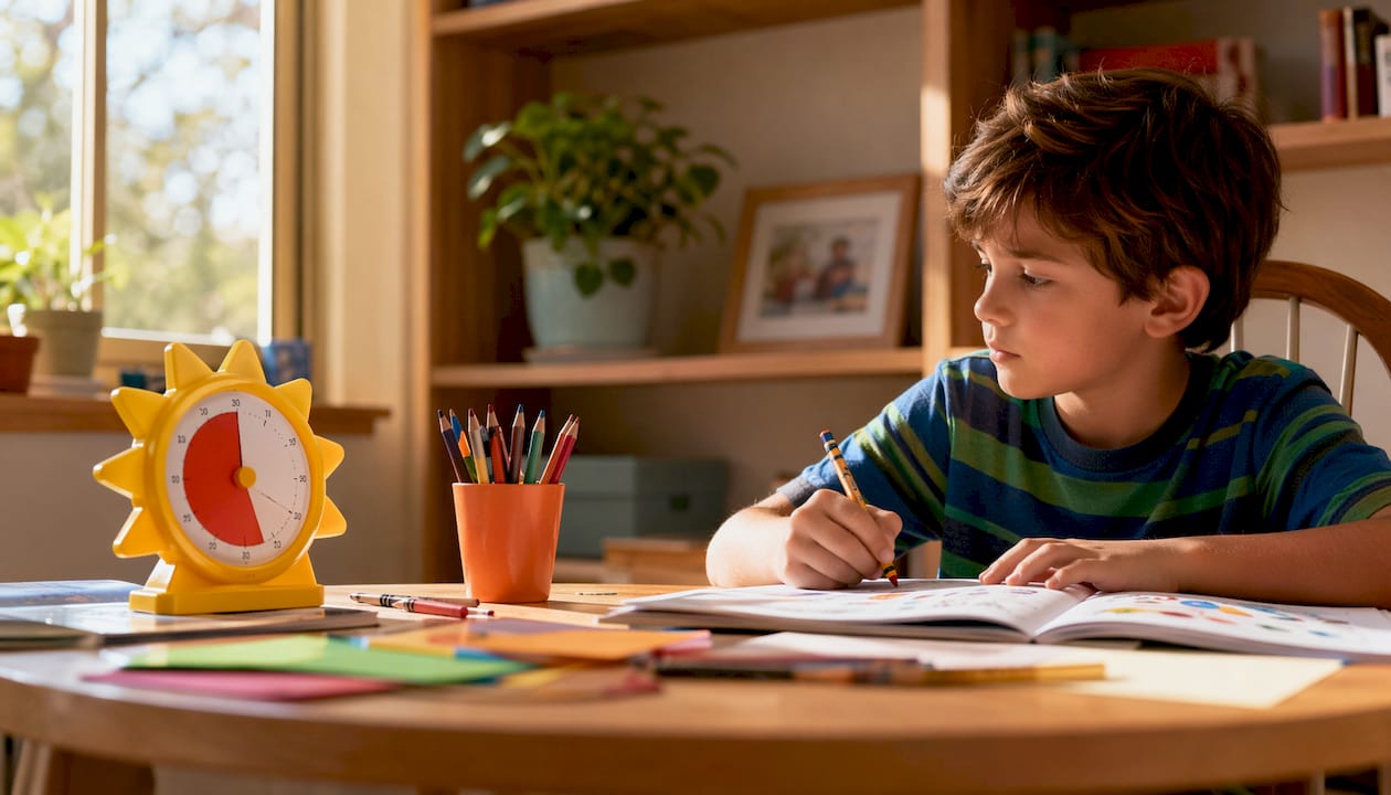 Boy checking timer while studying at desk