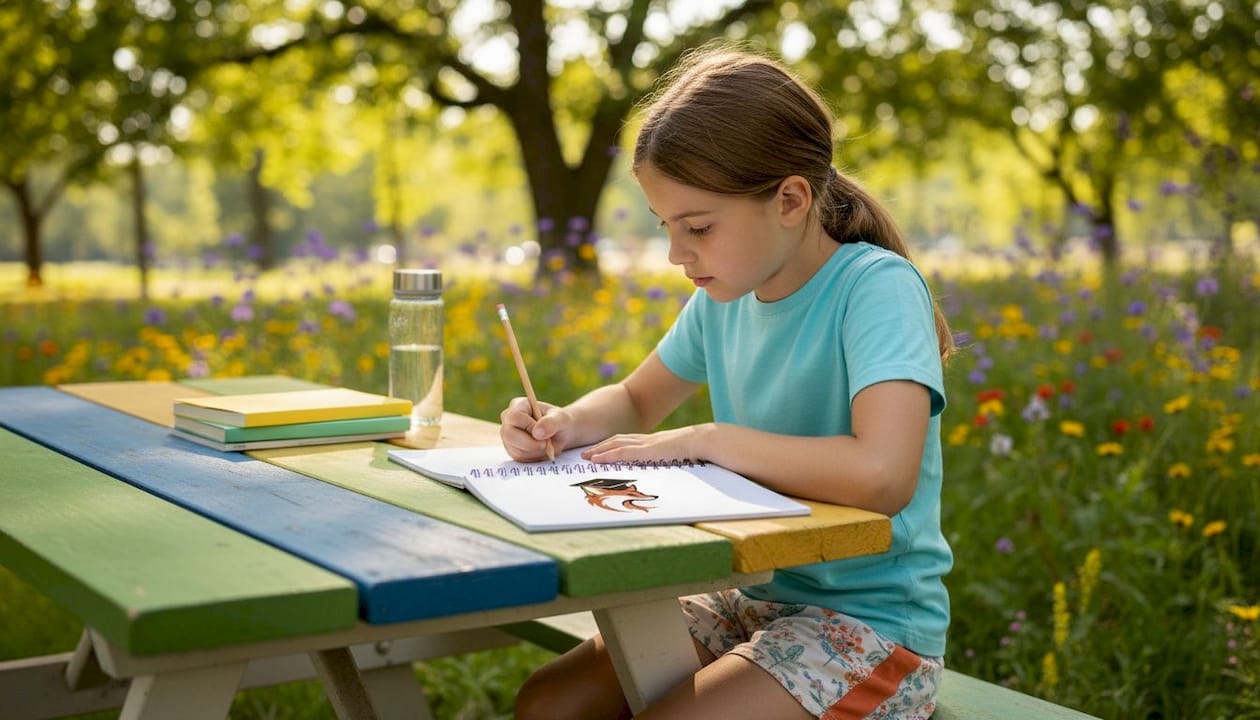 Child focused on writing at desk in bedroom