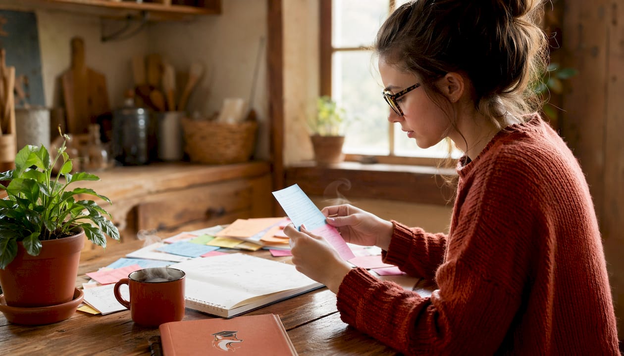 Une étudiante en pleine révision, qui met de l’ordre dans ses fiches pour préparer ses examens.