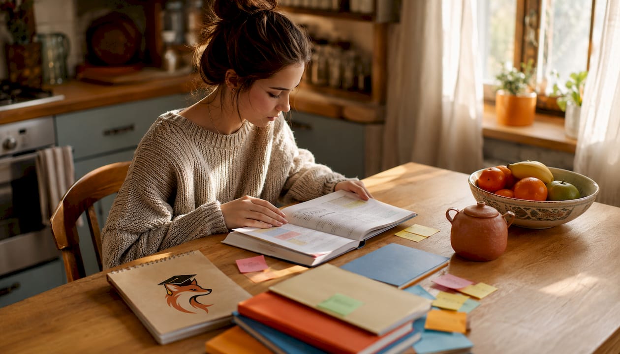 Young woman studying French textbooks at desk