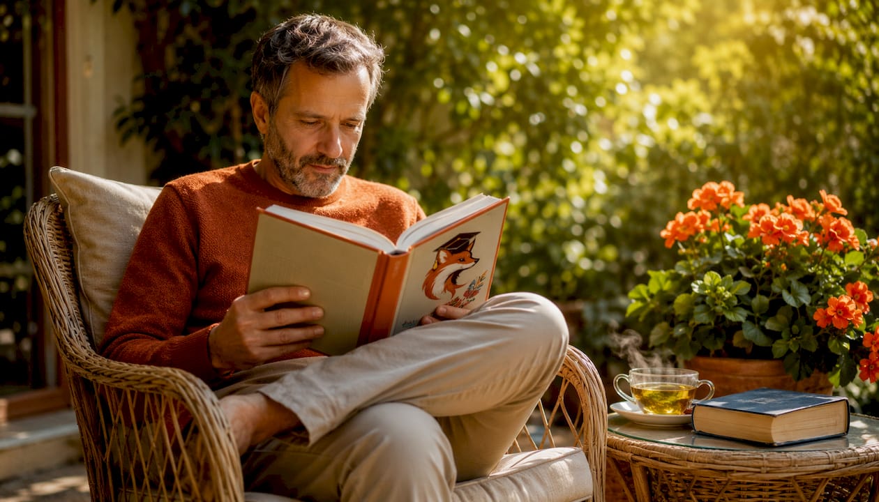 Man reading French bilingual storybook at home