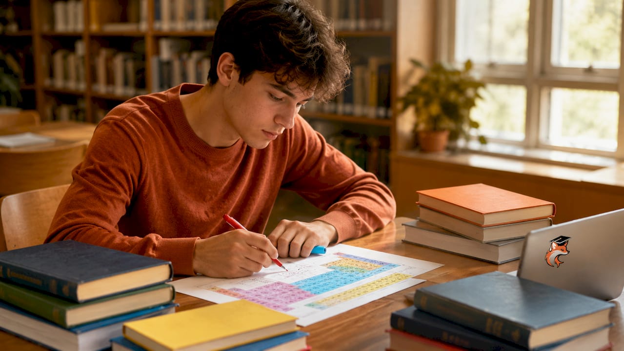 Des mains en train de prendre des notes sur une version papier du tableau périodique