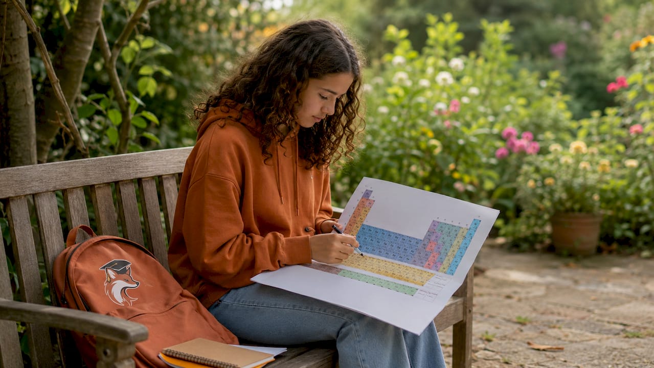 Un élève révise le tableau périodique chez lui