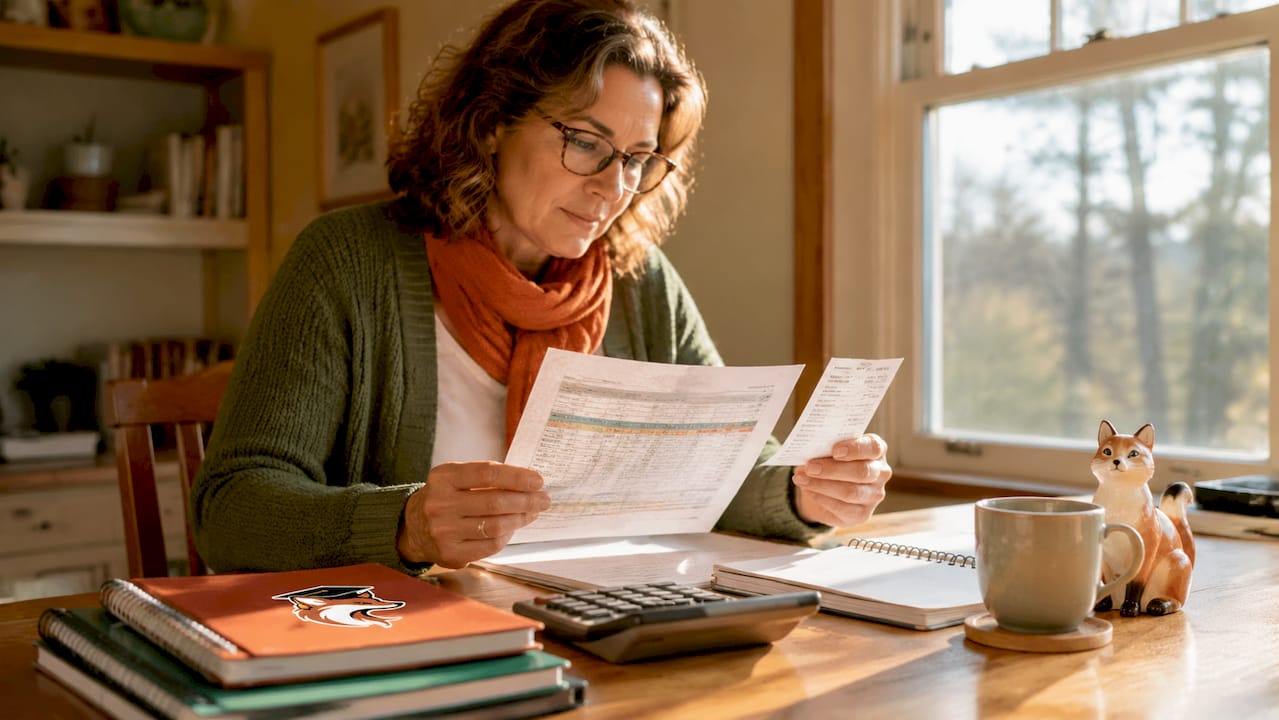 Canadian tutor planning finances at home table