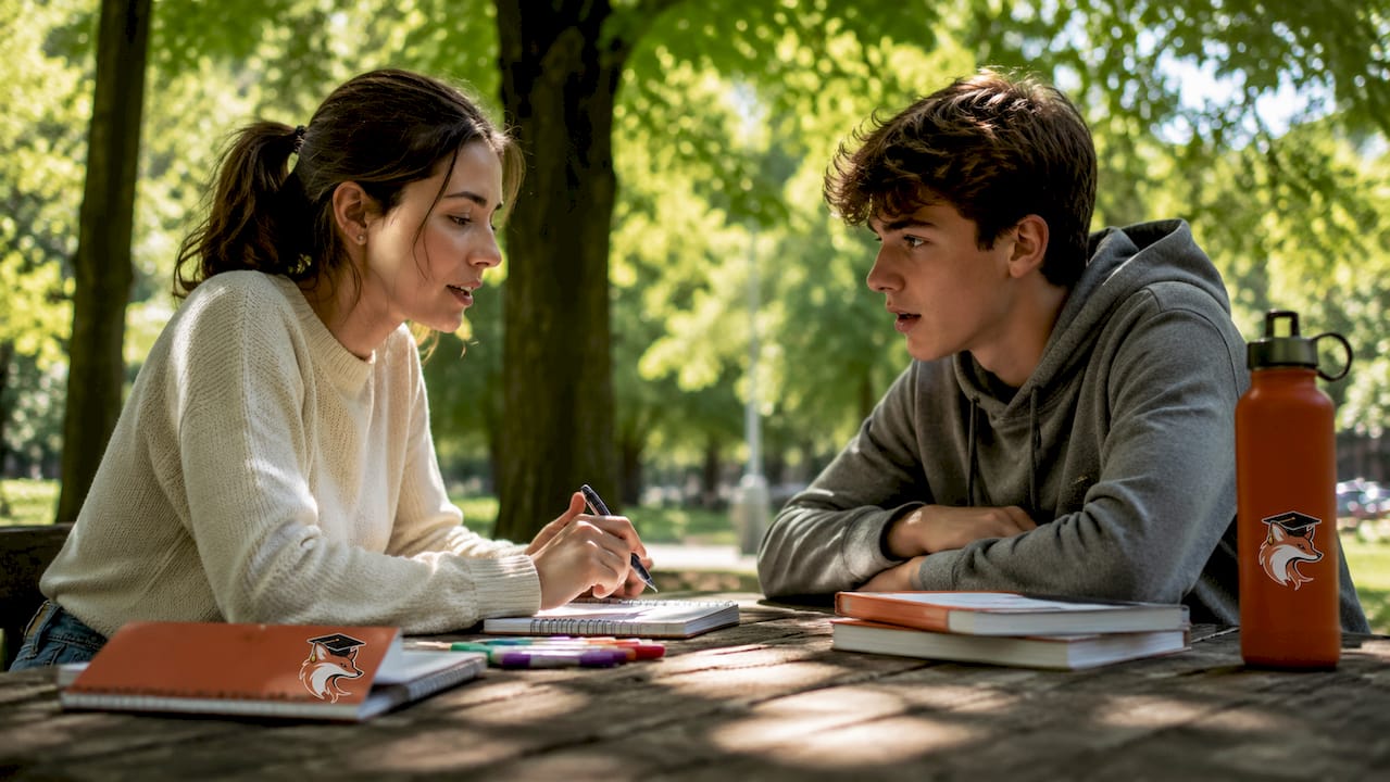 Tutor and student engaged in tutoring session at café