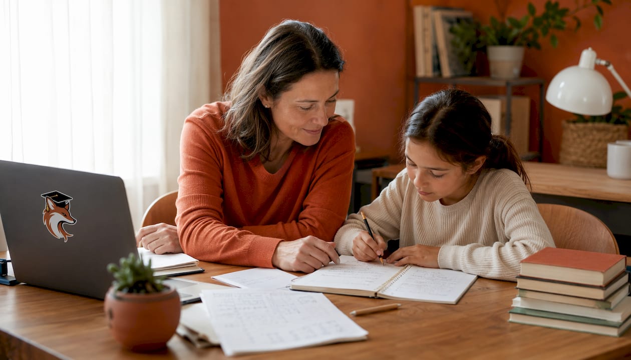 Une maman aide sa fille à faire ses devoirs, installées ensemble autour de la table du salon.