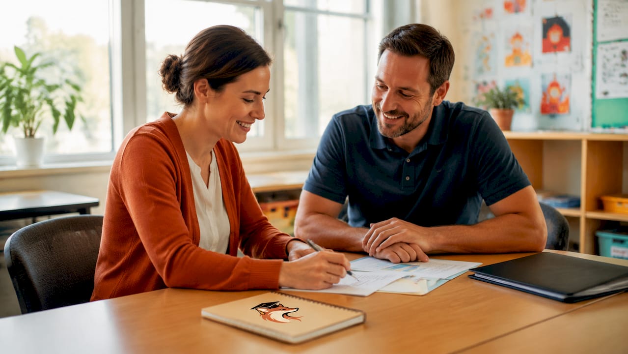 Entretien entre un enseignant et un parent au sujet de l’évolution scolaire de l’élève.