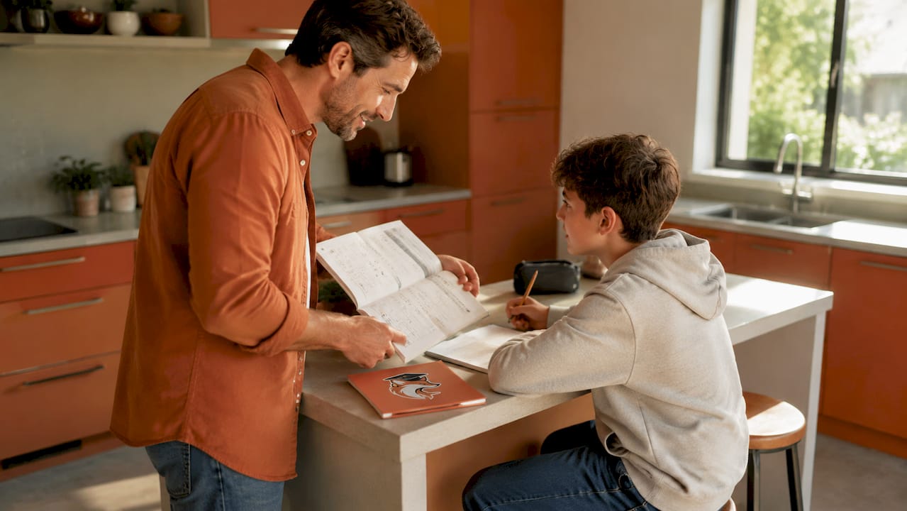 Un parent qui motive son enfant pendant qu’il révise son cours de français, en l’encourageant et en le rassurant avant un contrôle.