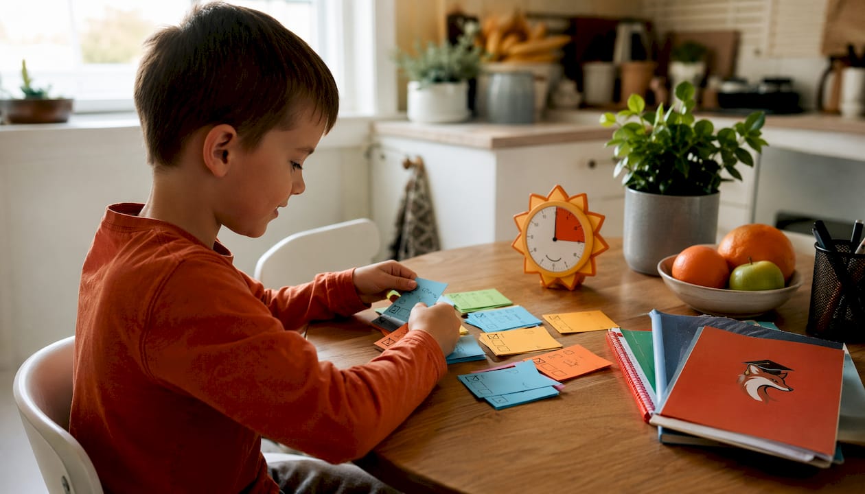 Hands organizing homework tasks with index cards