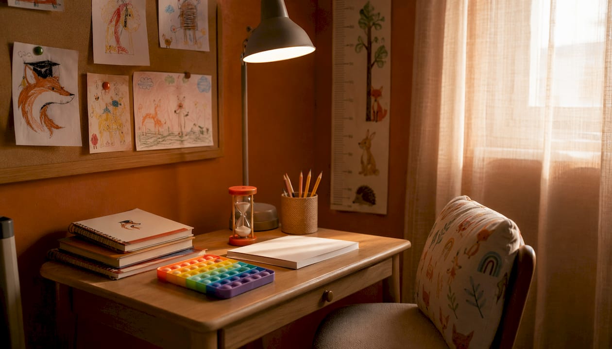 Warm, cozy study nook designed for ADHD focus