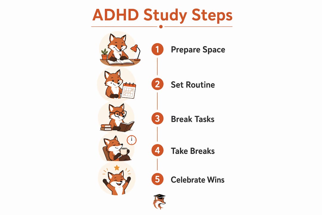 Infographic outlining steps to motivate ADHD children to study