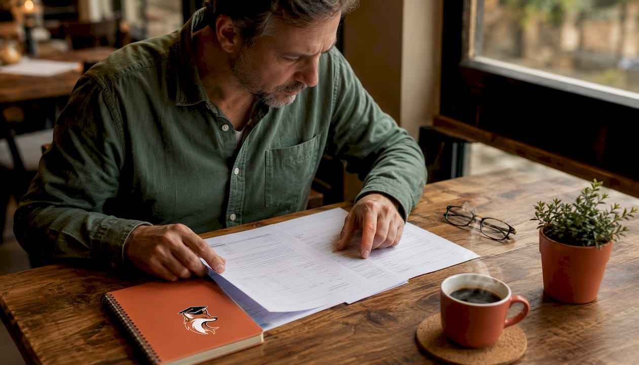 Des mains trient et classent des fiches d’évaluation sur un bureau.
