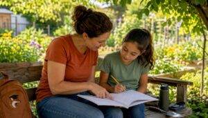 Mother helping daughter with math homework