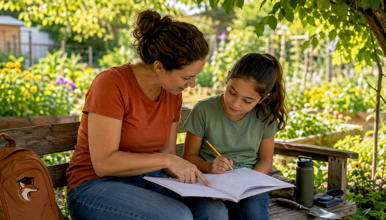 Mother helping daughter with math homework